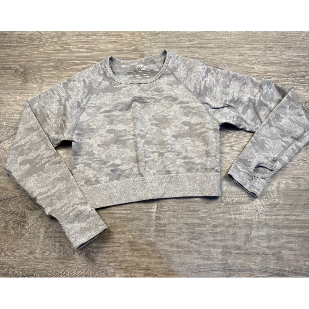 AYBL Womens Camo Seamless Long Sleeve Crop Top Grey Athletic Gym Shirt Size XL